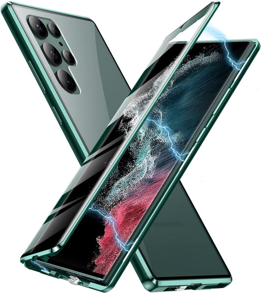 Jonwelsy Case for Samsung Galaxy S22 Ultra, 360 Degree Front and Back Clear Tempered Glass Full Body Protection Magnetic Adsorption Metal Bumper Frame Flip Cover for Samsung Galaxy S22 Ultra (Green)  Jonwelsy   