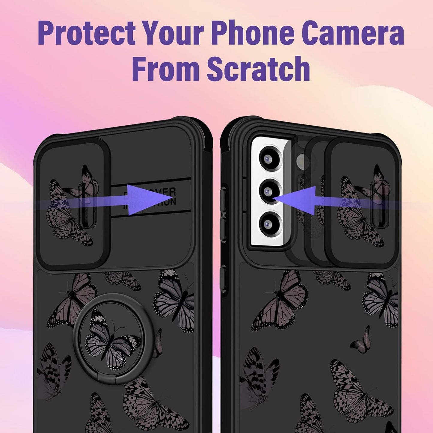 Funermei (2In1 for Samsung Galaxy S21 Case for Women Butterfly Cute Girls Phone Cover Girly Pretty Aesthetic Kawaii Black Butterfly Design with Camera Cover + Ring Stand Funda for Galaxy S21 5G Case  Funermei   