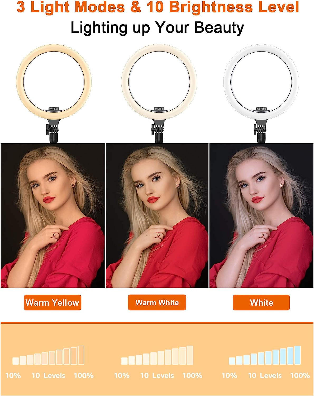 10.2" Selfie Ring Light with Tripod Stand & Phone Holder, Tryone LED Circle Light Halo Light for Video Recording/Makeup/Photography/Live Stream/Vlog  Winbywin   