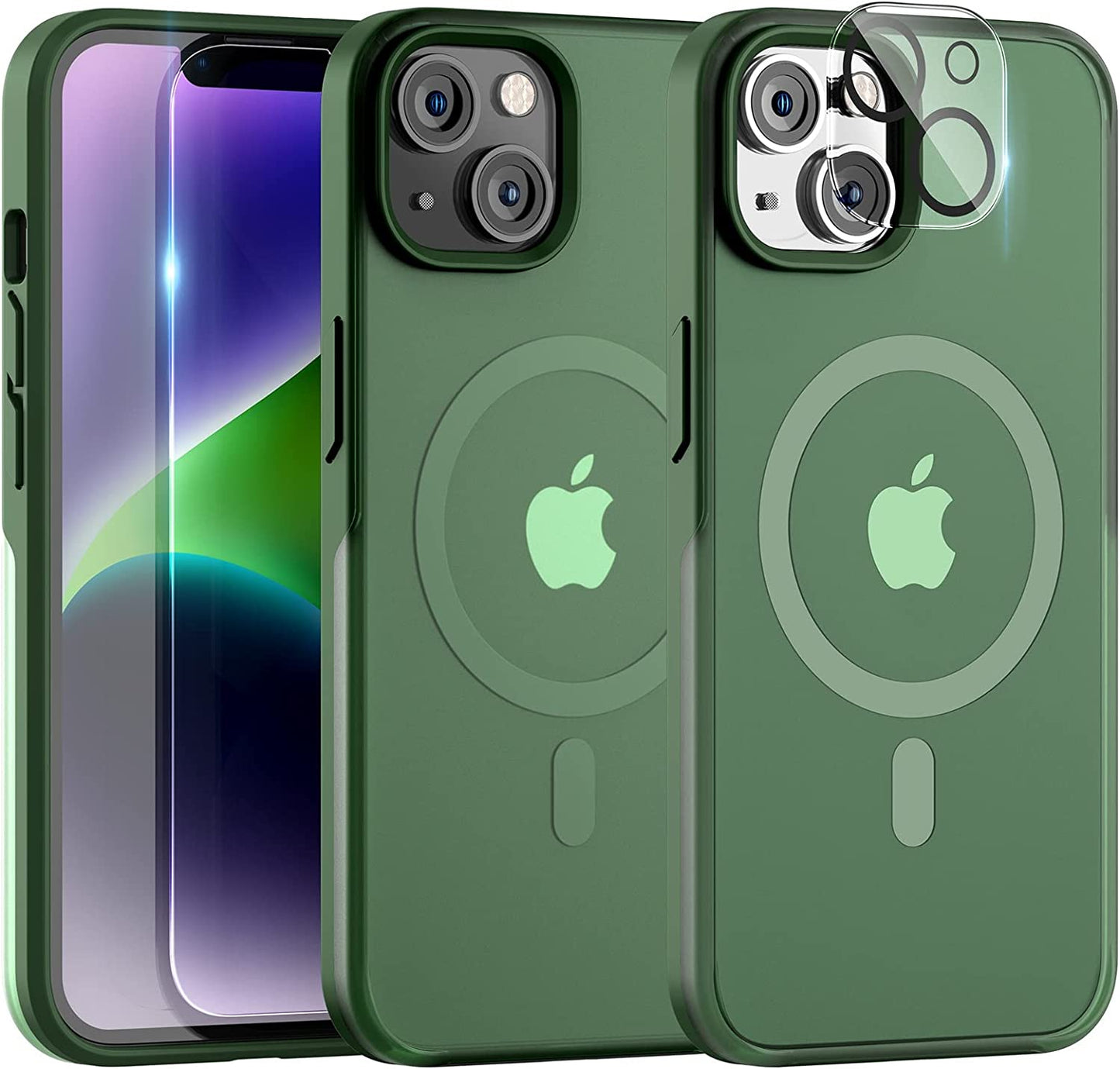 TAURI [5 in 1 Magnetic for Iphone 14 Case [Compatible with Magsafe] with 2 Screen Protector +2 Camera Lens Protector, [Military Grade Drop Protection] Translucent Matte Slim Case 6.1 Inch, Purple  TAURI Green iPhone 14 Plus 