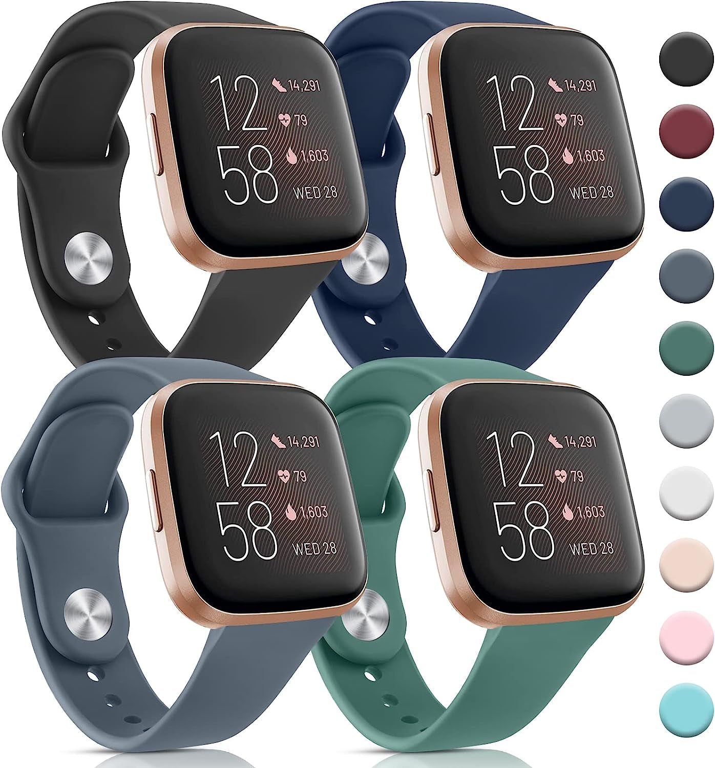 4 Pack Bands for Fitbit Versa 2 / Fitbit Versa/Fitbit Versa Se/Fitbit Versa Lite Bands for Women Men, Soft Silicone Replacement Bands for Fitbit Versa 2  Meliya B-Black/Navy Blue/Slate Gray/Pine Green  