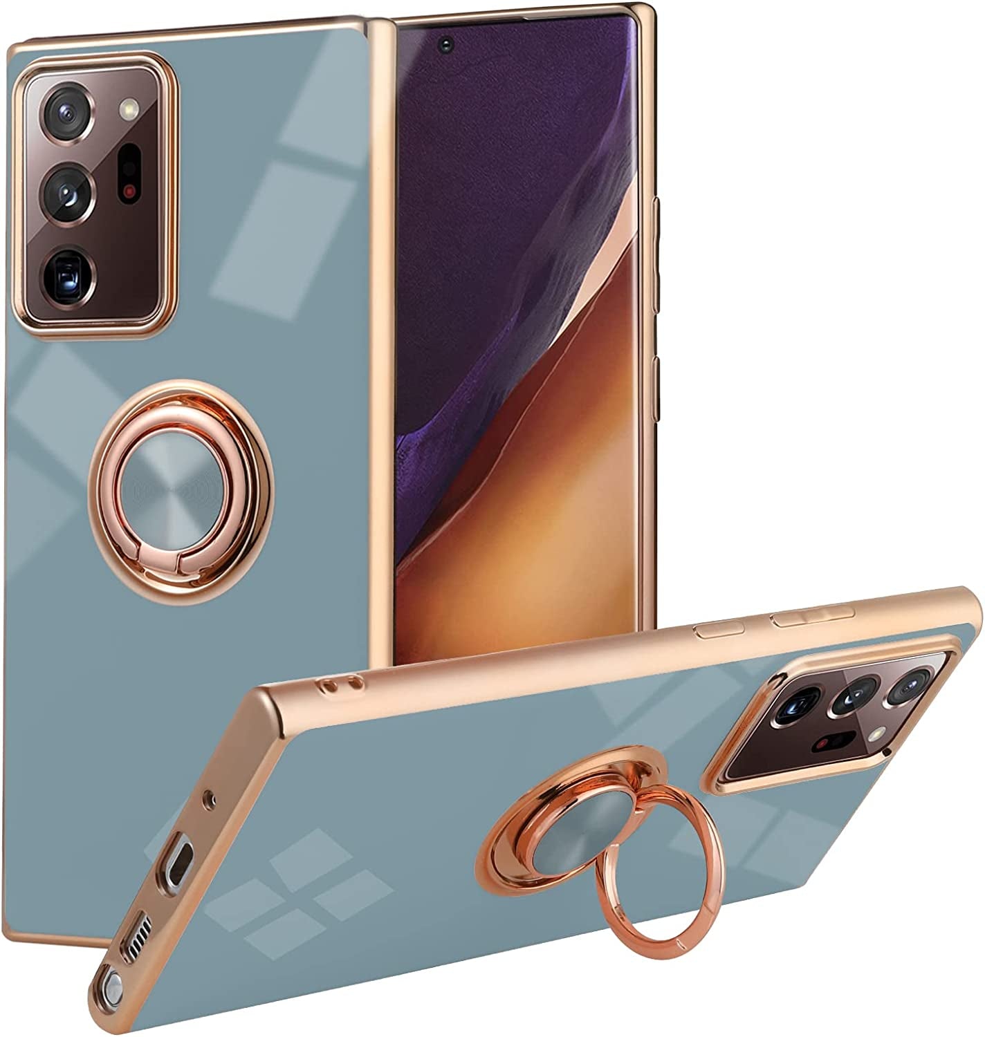 KANGHAR Compatible with Samsung Galaxy S23 5G Case for Women Girls, Plating Built-In 360 Rotation Magnetic Ring Kickstand Holder Soft Slim Shockproof Bumper Protective Cover (Blue)  KANGHAR Blue Gray(Gold Edge) Galaxy Note 20 Ultra(6.9 In) 