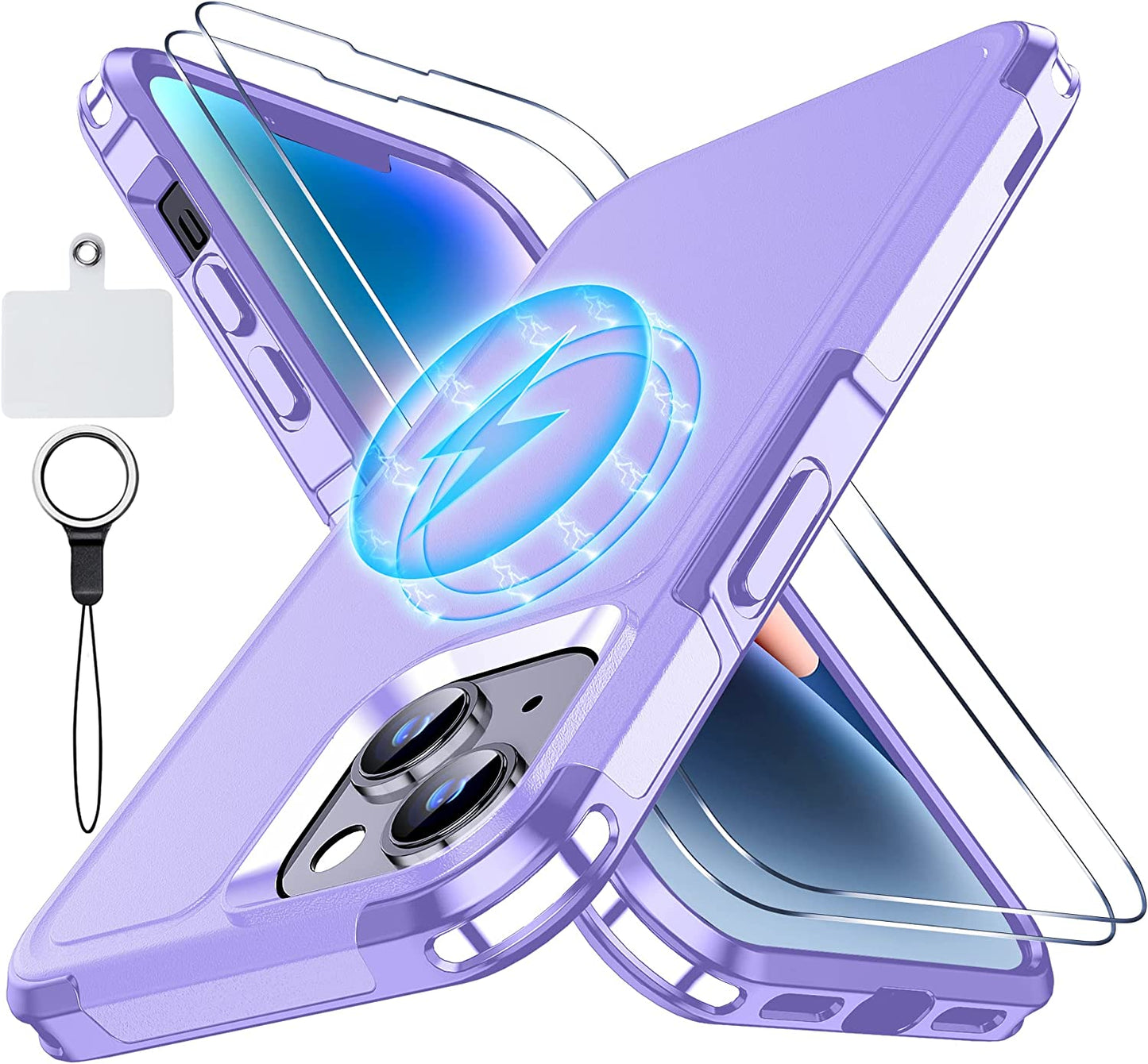 MOZOTER 6-In-1 Magnetic for Iphone 13 Case & Iphone 14 Case,[Compatible with Magsafe] [Anti Yellowing] [Glass Screen Protectors] Slim Shockproof for Iphone 13/14 Phone Case 6.1 Inch-Clear  MOZOTER Light Purple  