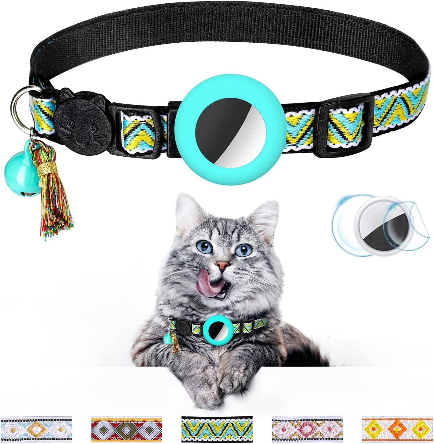 Airtag Cat Collar with Bell Adjustable Breakaway Kitten Collars:- Safety Buckle and Silicone Air Tag Holder Case Compatible with Apple Airtag Geometric Pattern Pet Collar (Pink)  OEBEESA Mint Green  