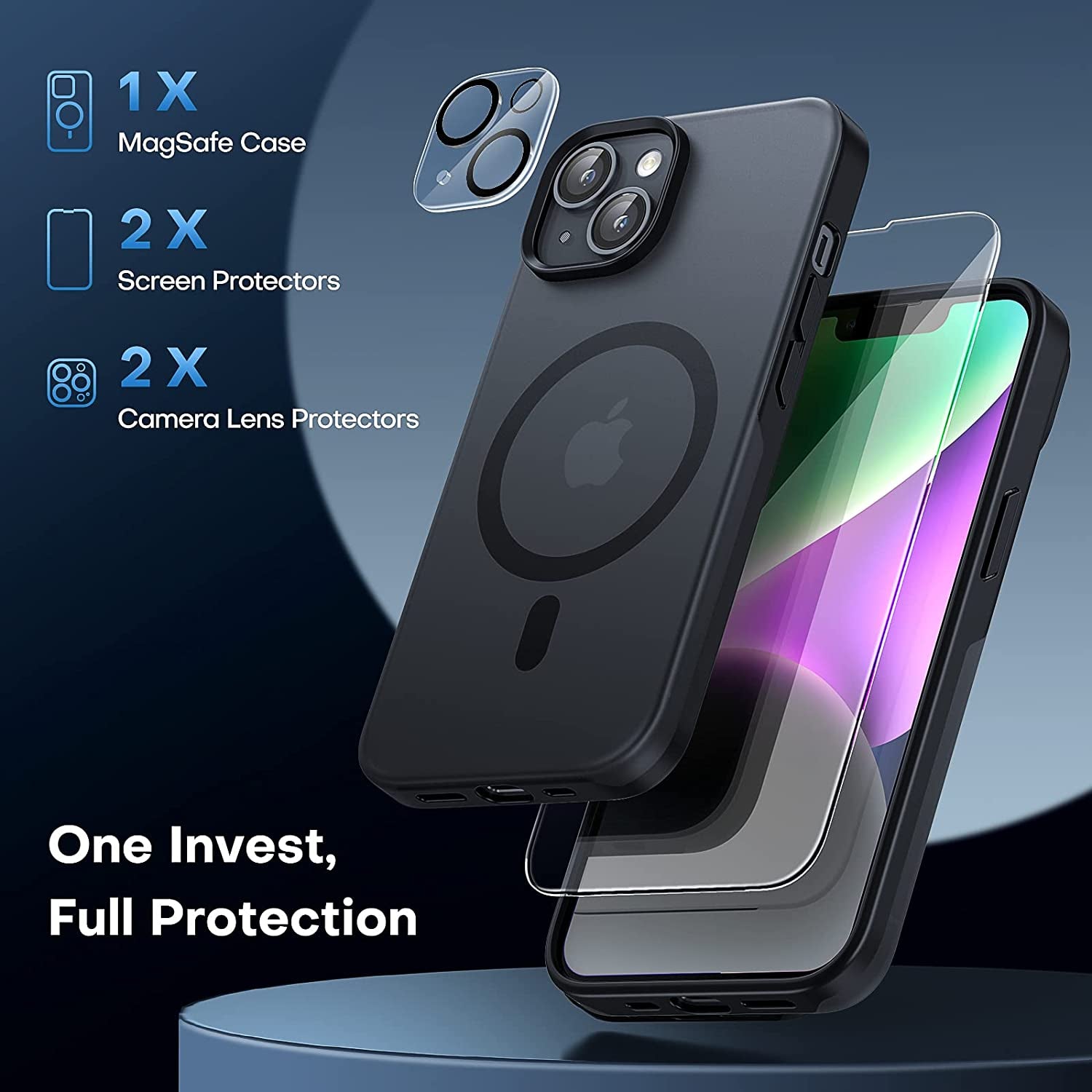 TAURI [5 in 1 Magnetic for Iphone 14 Case [Compatible with Magsafe] with 2 Screen Protector +2 Camera Lens Protector, [Military Grade Drop Protection] Translucent Matte Slim Case 6.1 Inch, Black  TAURI   