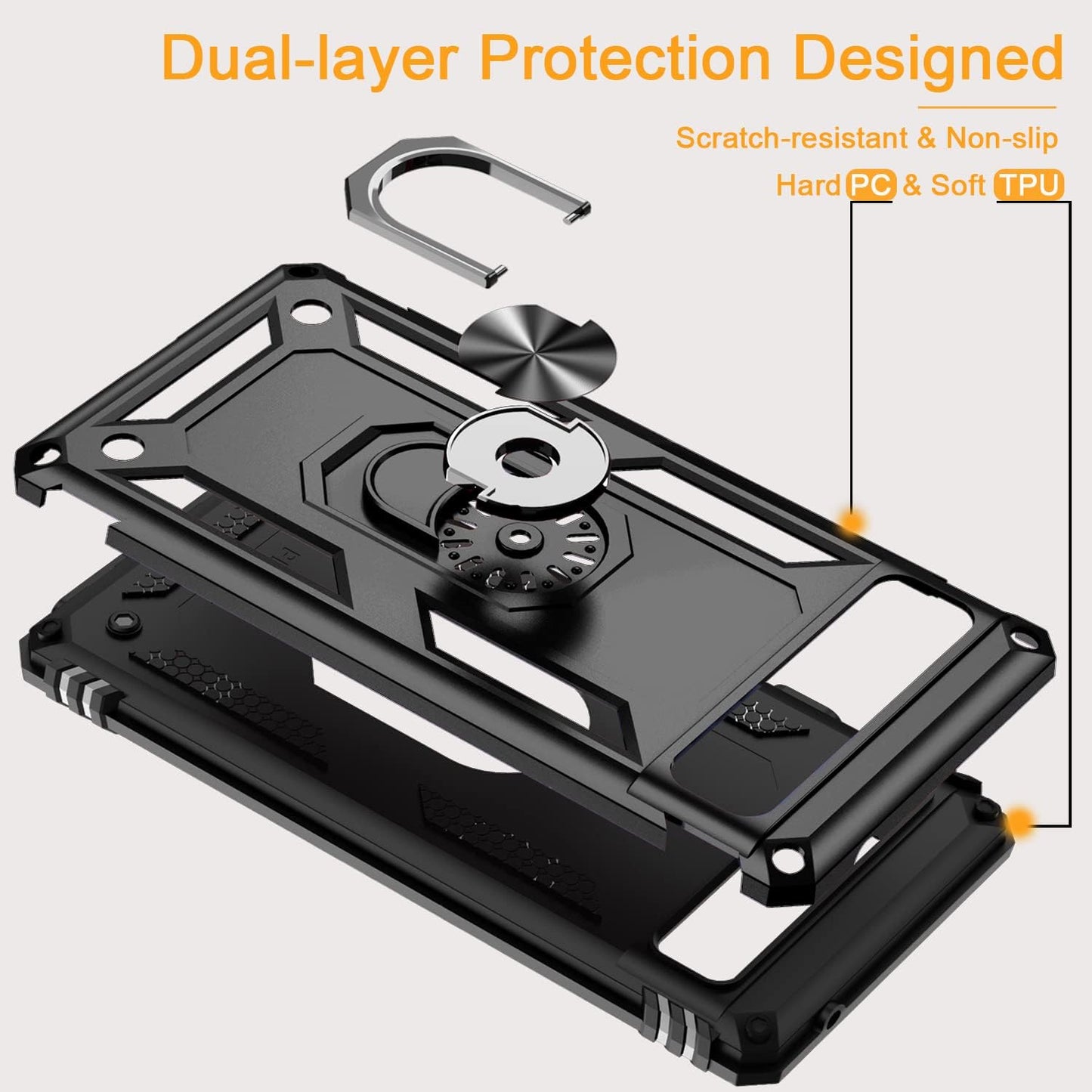 Muntinfe for Google Pixel 6A Case with Tempered Glass Screen Protector [2 Pack], Military-Grade Armor Shockproof Protective Phone Cover with Ring Magnetic Kickstand for Pixel 6A, Black  CAROL   