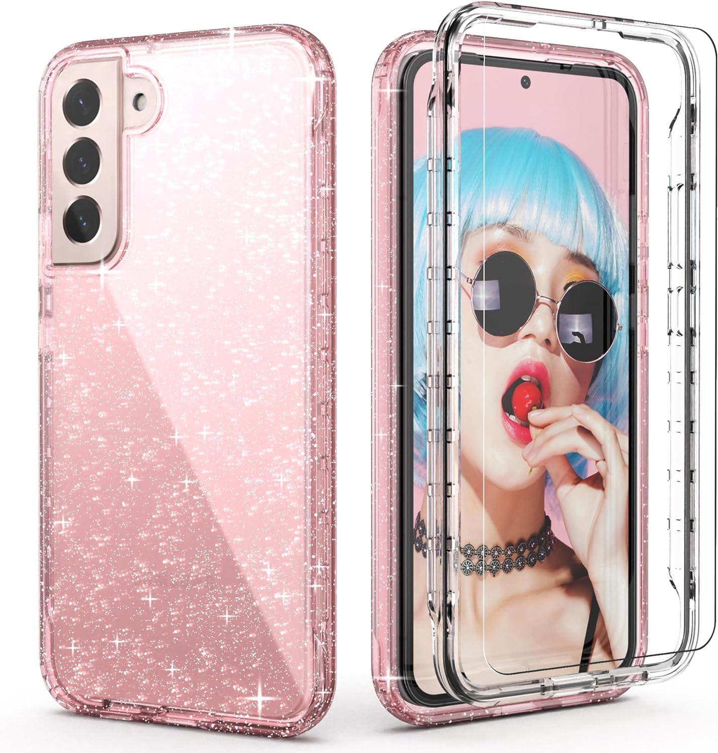Idweel Clear Galaxy S22 plus Case with Tempered Glass Screen Protector,Hybrid 2 in 1 Shockproof Soft Slim Transparent Case with TPU Bumper, Protective Silicone Airbag Cover for Samsung S22 Plus  IDweel Pink Glitter  
