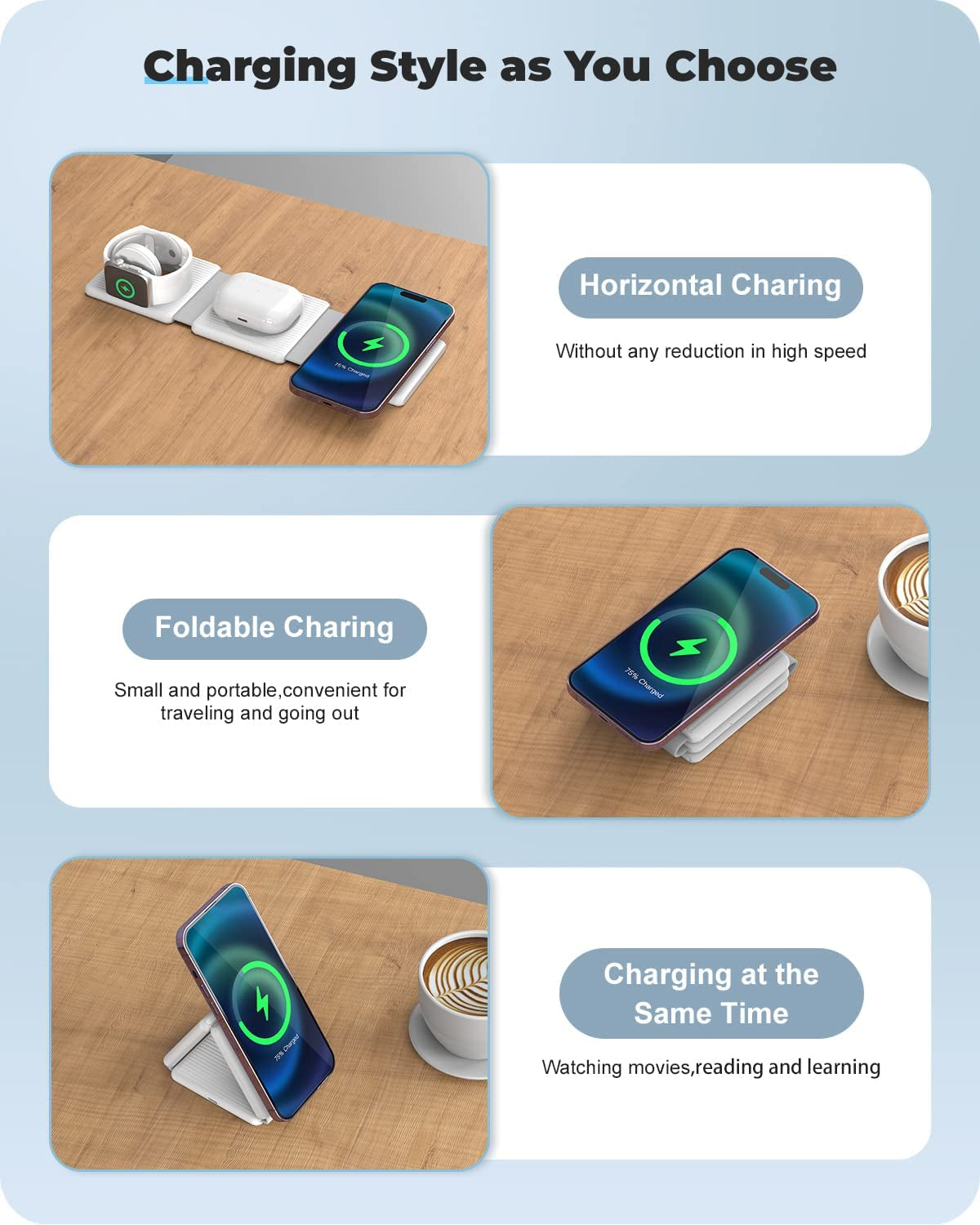 Wireless Charger,Kafiya 3 in 1 Wireless Charging Station,Foldable Travel Fast Charger Compatible for Iphone 14/Pro/Max/Plus/13/12 Series,Air_Pods 3/2/Pro,Iwatch,Samsung(Adapter Included)  KAFIYA   