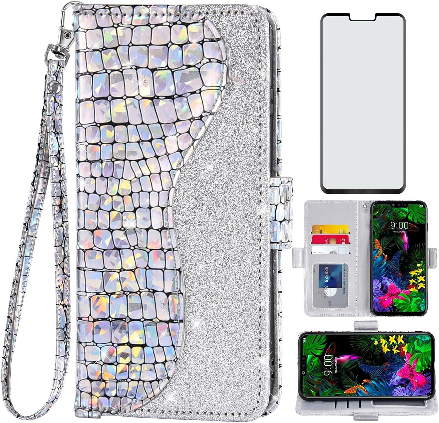 Asuwish Phone Case for LG G8 Thinq Wallet Cover with Screen Protector and Wrist Strap Flip Credit Card Holder Bling Glitter Stand Cell LGG8 Thin Q G 8 LG8 G8Thinq Lgg8Thinq 8G Women Girls Silver  Asuwish   