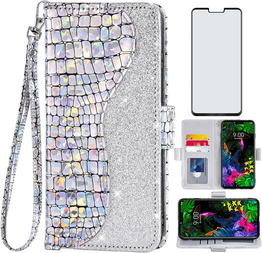 Asuwish Phone Case for LG G8 Thinq Wallet Cover with Screen Protector and Wrist Strap Flip Credit Card Holder Bling Glitter Stand Cell LGG8 Thin Q G 8 LG8 G8Thinq Lgg8Thinq 8G Women Girls Silver  Asuwish   