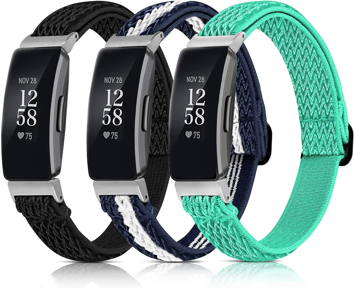 3 Pack Adjustable Fitbit Inspire 2 Bands, Compatible with Fitbit Inspire 2 / Inspire Hr/Inspire, Soft Loop Nylon Fabric Breathable Stretchy Replacement Straps for Women/Men  POHNUI Light Green + Blue White + Black Ripple  