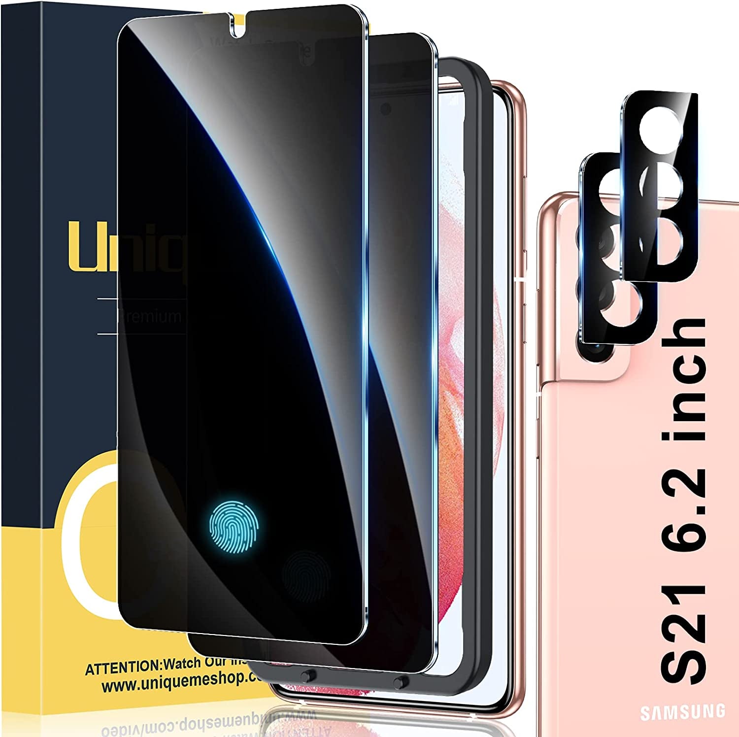 Uniqueme [2+2]Pack Compatible with Samsung Galaxy S21 6.2 Inch Privacy Screen Protector and Camera Lens Protector[Support Fingerprint Unlock] with Easy Installation Tool[Not Glass][7H Hardness]【Not for S21 Plus/S21 FE/S21 Ultra 】  UniqueMe   