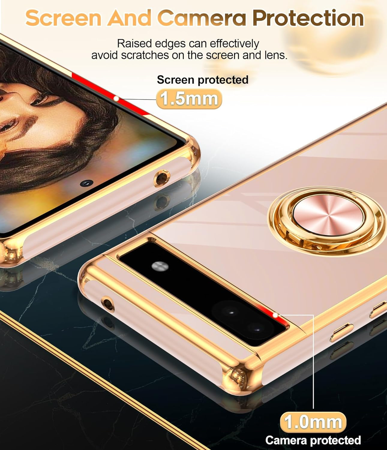 Leyi for Pixel 6A Case: with Tempered Glass Screen Protector [2 Pack] 360° Rotatable Ring Holder Magnetic Kickstand, Plating Rose Gold Edge Protective Google Pixel 6A Case, Pink  LeYi   