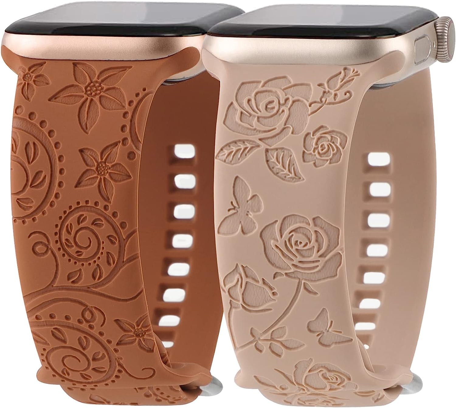 Flower Engraved Bands Compatible with Apple Watch Band 41Mm 40Mm 38Mm 44Mm 42Mm 45Mm 49Mm, Cute Women Floral Soft Silicone Sport Replacement Strap for Iwatch Series Ultra SE 8 7 6 5 4 3 2 1  TERKOWQI Brown Walnut 42mm/44mm/45mm/49mm 