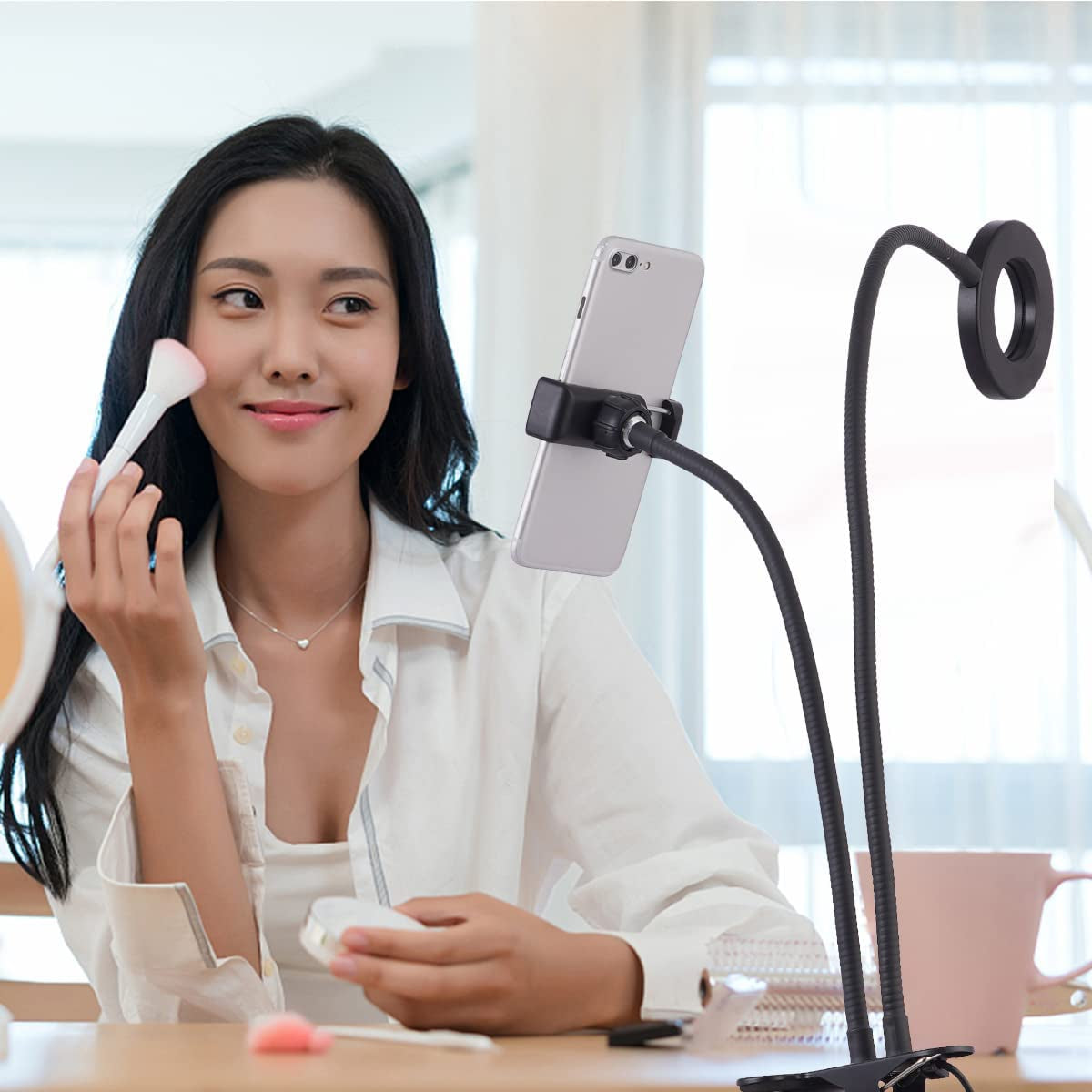 Tranesca Selfie Ring Light with Cell Phone Holder Stand for Live Stream/Makeup, LED Camera Lighting [3-Light Mode] with Flexible Arms Compatible with Cell Phones and Camera (Black)  Tranesca   