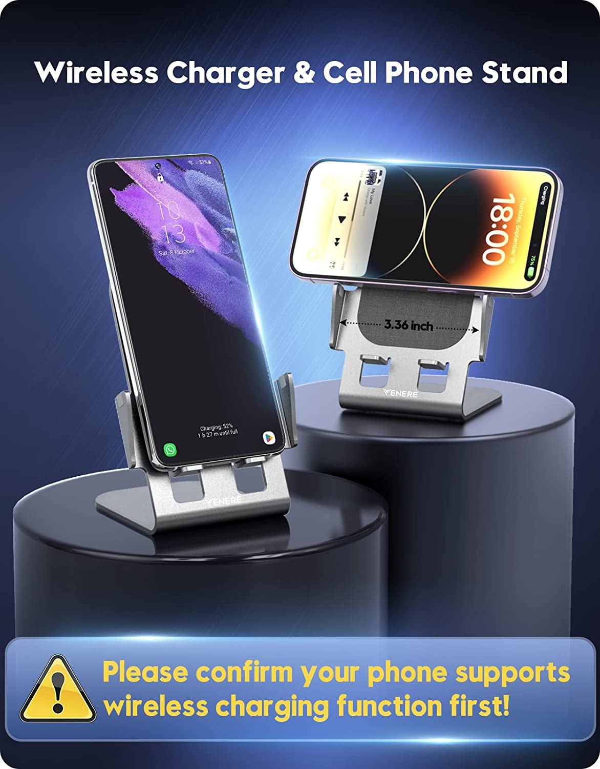 Wireless Charger, 15W Fast Wireless Charging, Ultra-Thin Aluminum Alloy Cell Phone Stand, Compatible with Iphone 14/13/12/11/X/8 Series, Samsung, Motorola, Huawei, Oneplus, Pixel, Qi Certified Device  Venere   