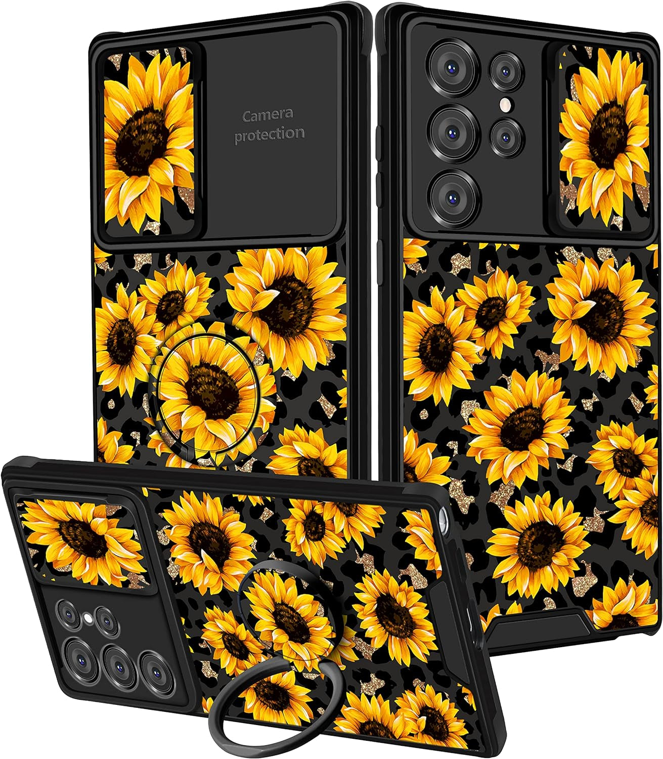 Goocrux (2In1 for Samsung Galaxy S22 Ultra Case Sunflower Floral for Women Girls Girly Phone Cover Cute Flowers Design with Slide Camera Cover+Ring Holder Unique Blue Cases for Galaxy S22 Ultra 6.8''  Goocrux Sunflower Leopard  