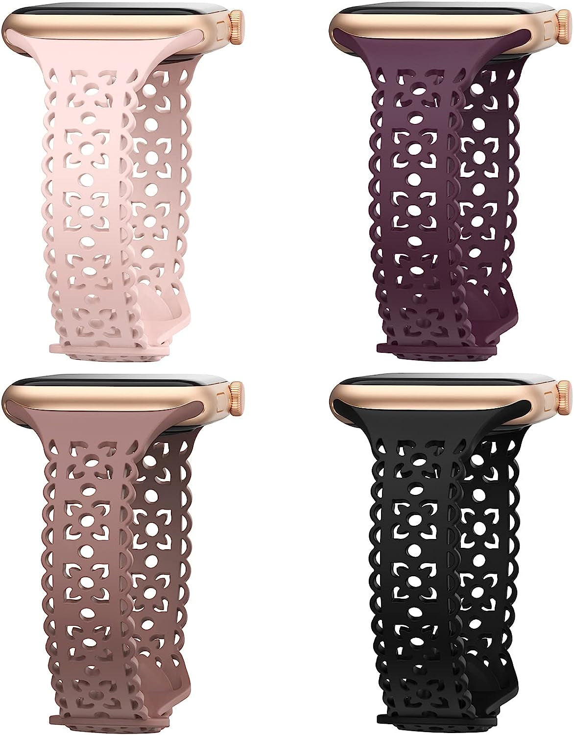 4 Pack Lace Silicone Band Compatible with Apple Watch Bands 40Mm 44Mm 41Mm 45Mm 38Mm 42Mm Women,Thin Slim Hollow-Out Sport Strap Replacement Wristbands for Iwatch Series Ultra 8 7 6 5 4 3 2 1 SE  HEARTBOOM Black/Smoke Violet/Elderberry/Dark Pink 42mm/44mm/45mm/49mm 