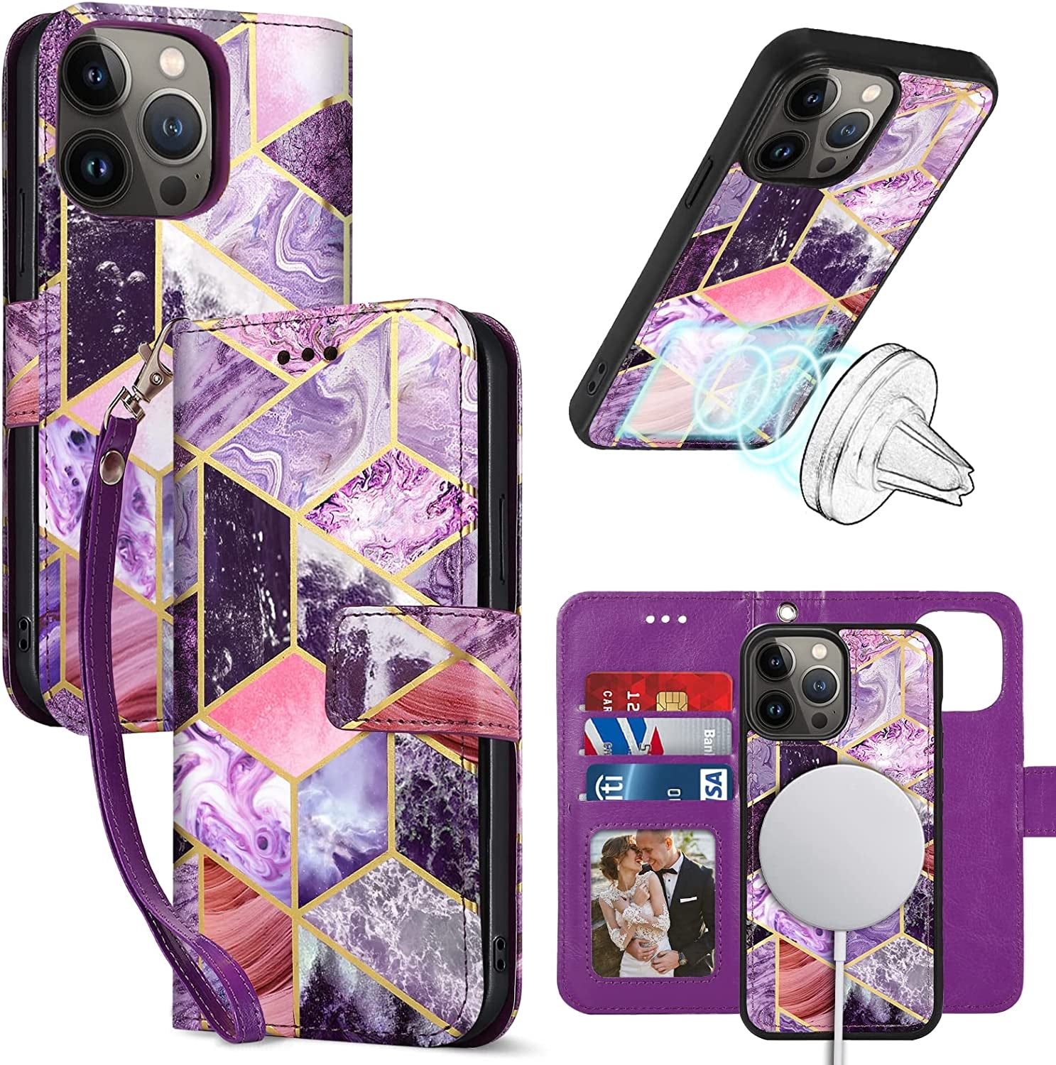 CASEOWL Iphone 14 Pro Max Wallet Case [Compatible with Magsafe Charger] Magnetic Detachable [RFID Blocking] Floral Pattern Flip Leather Lanyard Wallet Case with Card Holder,Strap for Women (Vintage)  CASEOWL Marble Purple [for iPhone 14 Pro Max]  