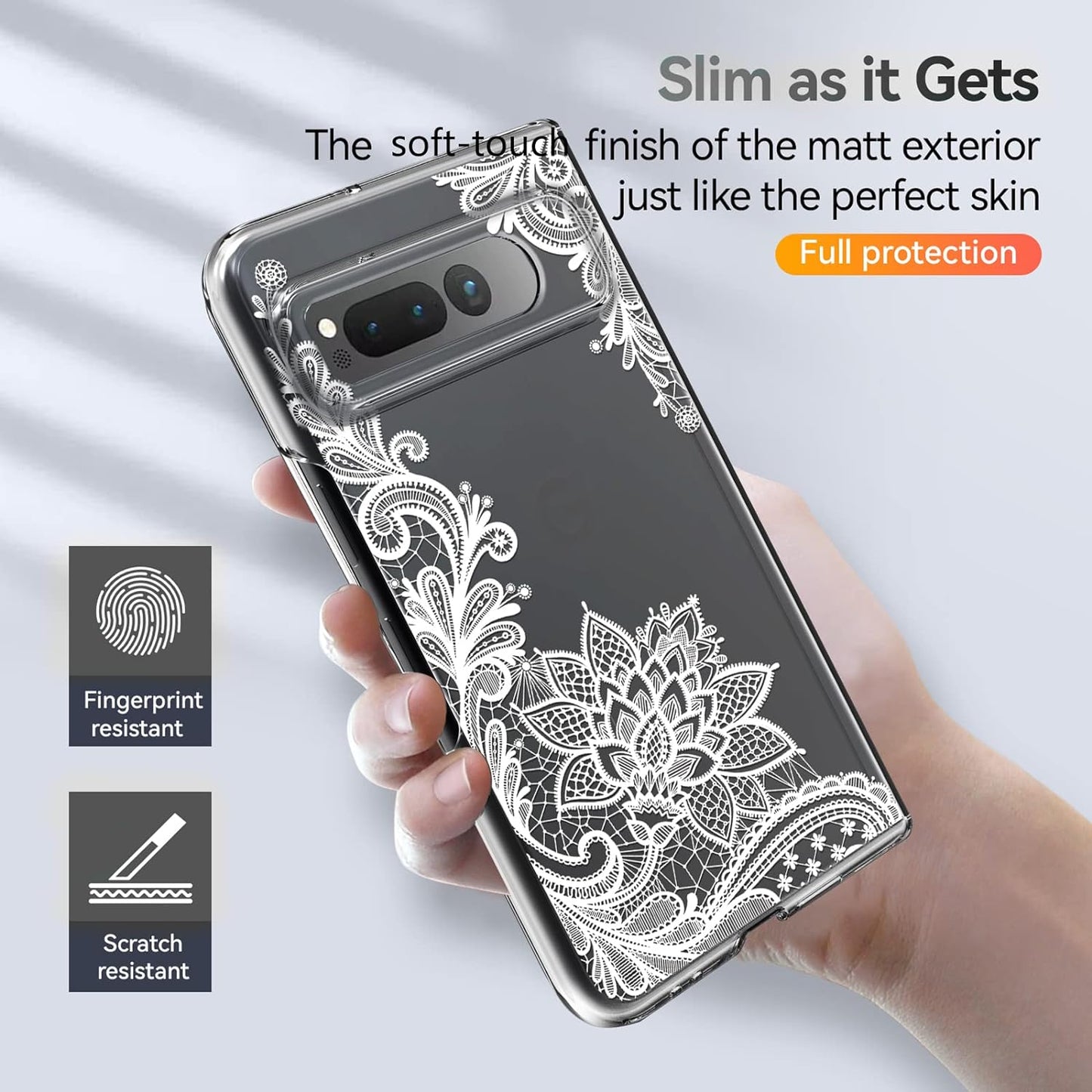Osophter for Google Pixel Fold 5G Case Clear: Flower Floral for Girls Women Shock-Absorption Transparent Back Cell Phone Cover Cases for Google Pixel Fold 5G(White Lace)  Osophter   