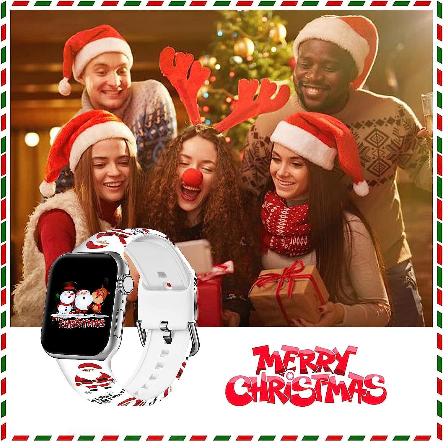 Christmas Watch Bands Compatible with Apple Watch 38Mm/40Mm/41Mm, Soft Silicone Cute Santa Claus Printed Sport Fadeless Strap Bands for Iwatch Series 7/6/5/4/3/2/1 Women Men Kids  sutify   