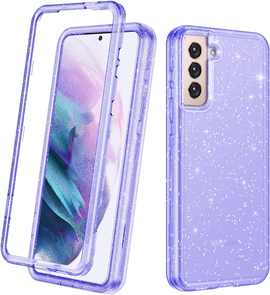 Lamcase for Galaxy S21 5G Case, Crystal Clear Glitter Sparkly Bling Heavy Duty Shockproof Hybrid Three Layer Protective Cover Case for Samsung Galaxy S21 5G 6.2 Inch (2021), Clear/Silver Glitter  Lamcase Purple Clear/Silver Glitter  