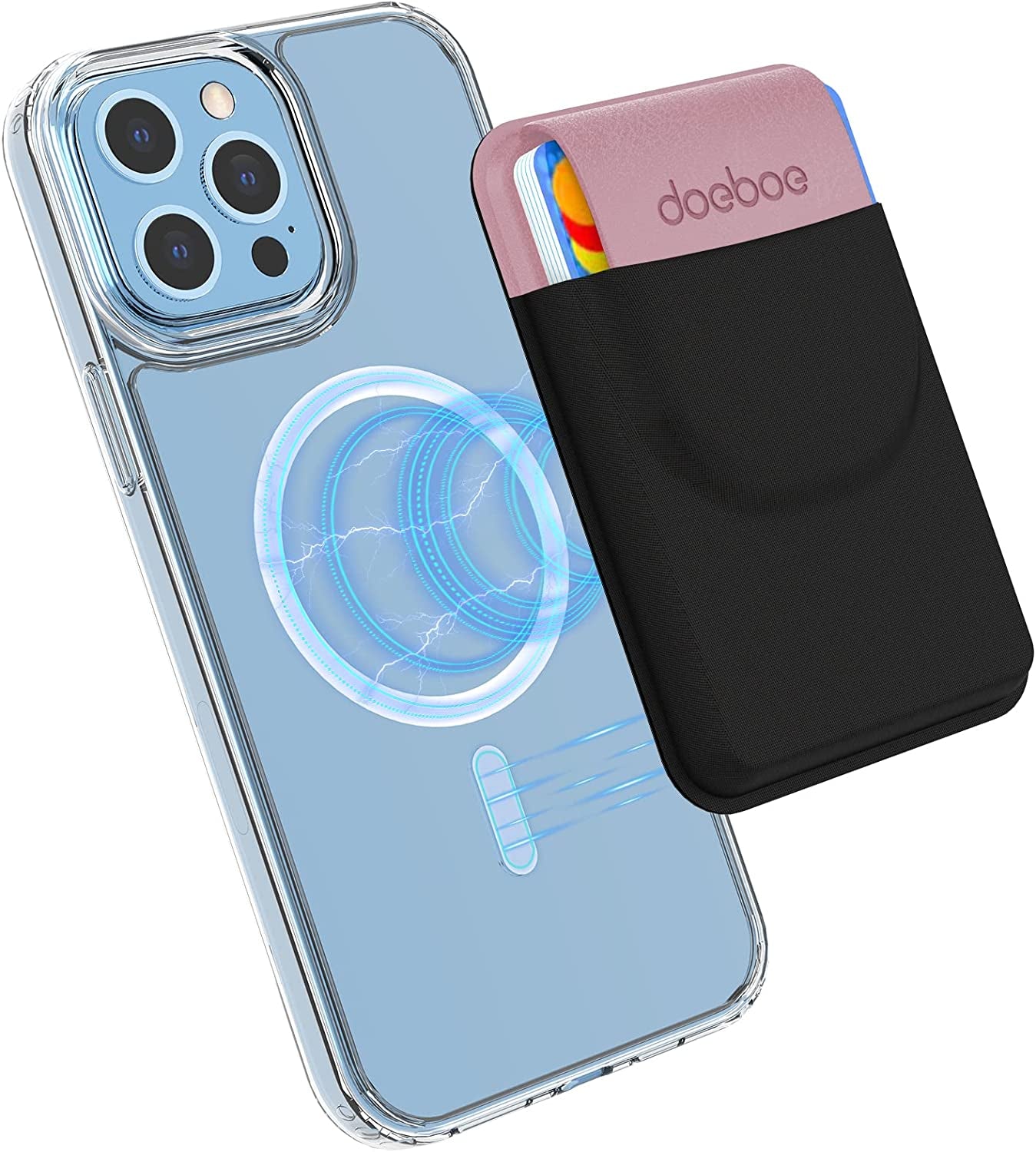 Doeboe for Magsafe Wallet Iphone 14 13 Pro Max, Magnetic Phone Wallet for Iphone 13/Mini/Pro, Stretch Fabric Phone Card Holder for Back of Phone for Iphone 12/Mini/Pro/Pro Max, up to 5 Cards(Blue)  doeboe us Pink  
