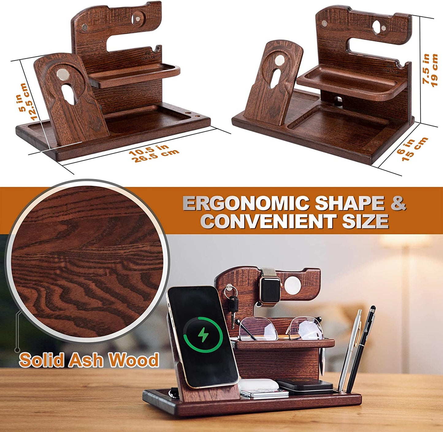 TESLYAR Wood Phone Docking Station Compatible with Magsafe and Iwatch Charger Xmas Gifts for Men or Dad for Husband Birthday Wife Nightstand Organizer Key Holder Wallet Solid Ash Brown  TESLYAR   