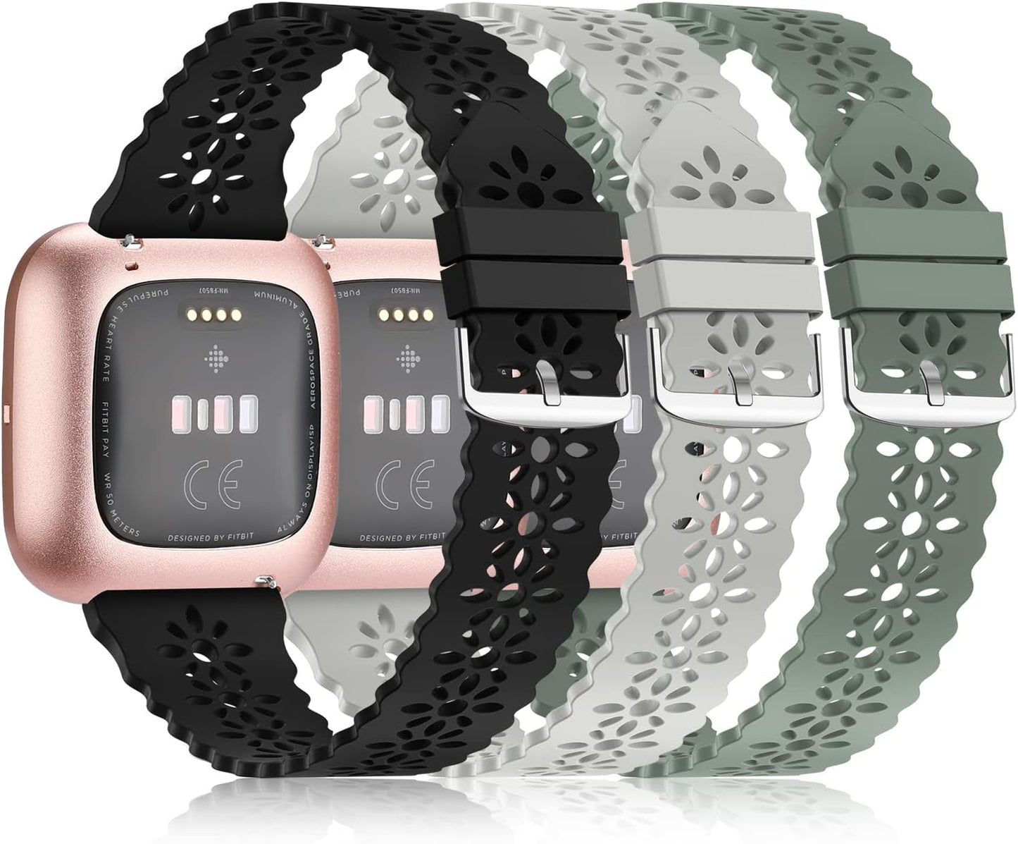 YAXIN 3 Pack Slim Sport Bands Compatible with Fitbit Versa/ Versa 2/ Versa Lite Band for Women,Soft Silicone Lace Replacement Wristbands for Smart Watch,Black/White/Pink Sand  YAXIN E-black/gray/pine green  