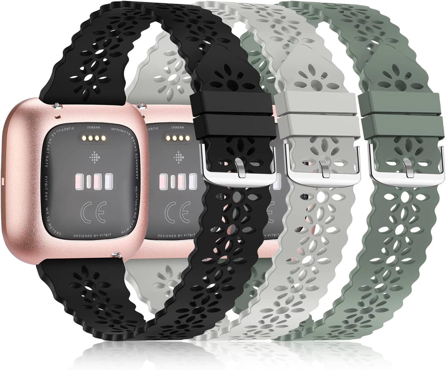 YAXIN 3 Pack Slim Sport Bands Compatible with Fitbit Versa/ Versa 2/ Versa Lite Band for Women,Soft Silicone Lace Replacement Wristbands for Smart Watch,Black/White/Pink Sand  YAXIN E-black/gray/pine green  
