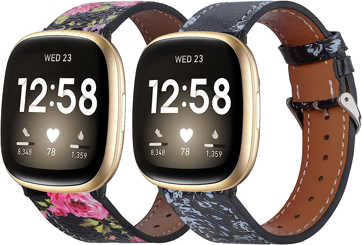 2 Pack Leather Bands Compatible with Fitbit Versa 3 Bands/Fitbit Sense Bands for Women Men, Classic Soft Leather Replacement Wristbands Strap for Fitbit Versa 3 / Fitbit Sense  POHNUI Grey Flower & Pink Flower  