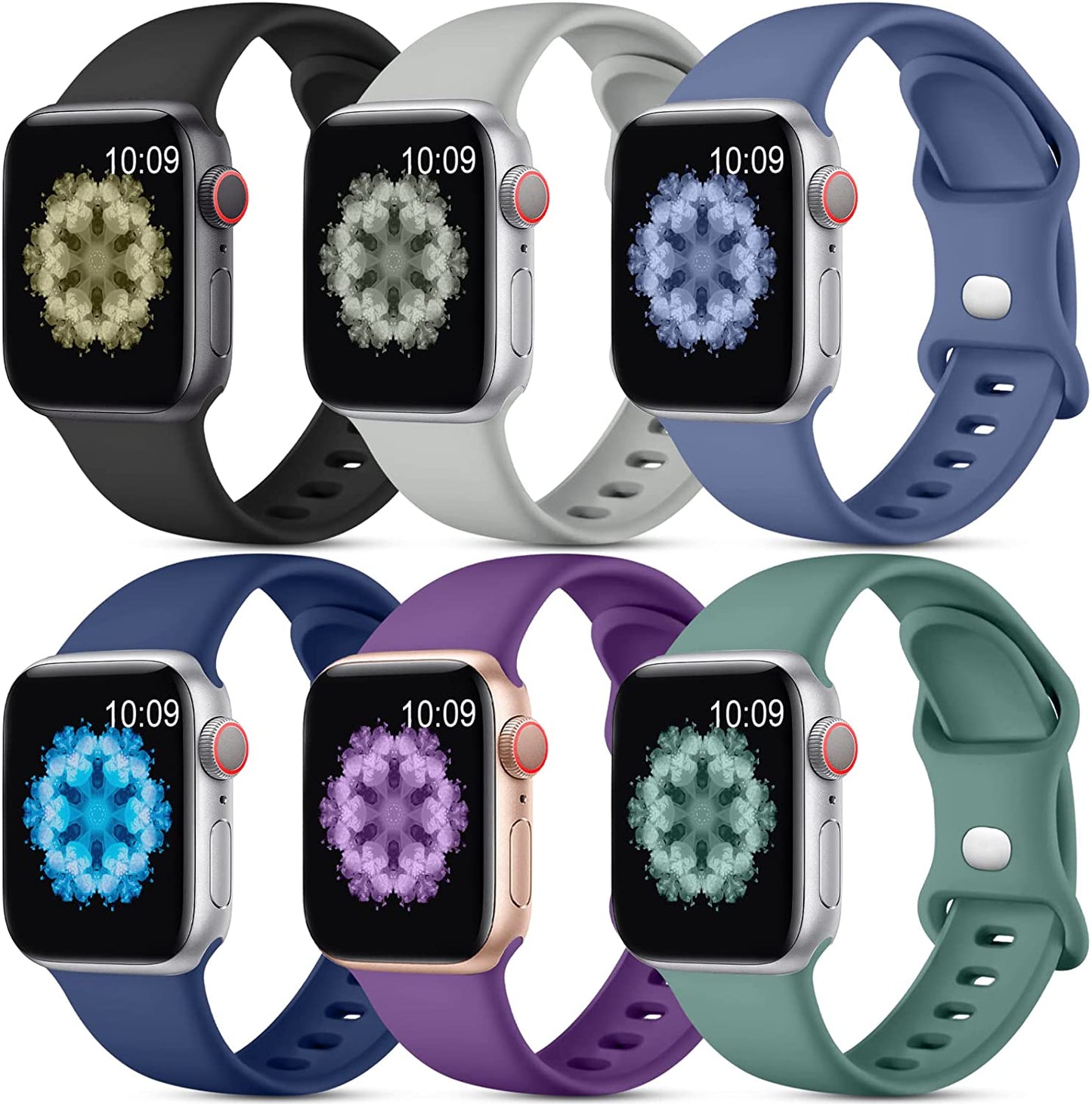 SNBLK [6 Pack] Compatible with Apple Watch Band 38Mm 40Mm 41Mm 42Mm 44Mm 45Mm 49Mm for Women Men, Soft Silicone Wrist Bands Sport Strap Compatible for Iwatch Series 8 7 6 5 4 3 2 1 SE Ultra  SNBLK Black/Gray/Pine Green/MidnightBlue/Purple/BlueGray 38mm/40mm/41mm 