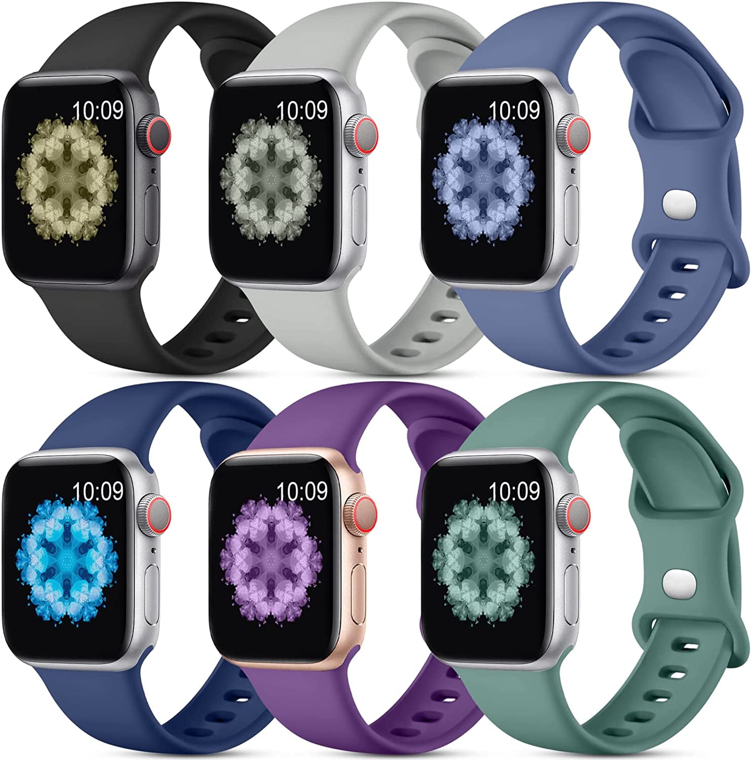 SNBLK [6 Pack] Compatible with Apple Watch Band 38Mm 40Mm 41Mm 42Mm 44Mm 45Mm 49Mm for Women Men, Soft Silicone Wrist Bands Sport Strap Compatible for Iwatch Series 8 7 6 5 4 3 2 1 SE Ultra  SNBLK Black/Gray/Pine Green/MidnightBlue/Purple/BlueGray 38mm/40mm/41mm 