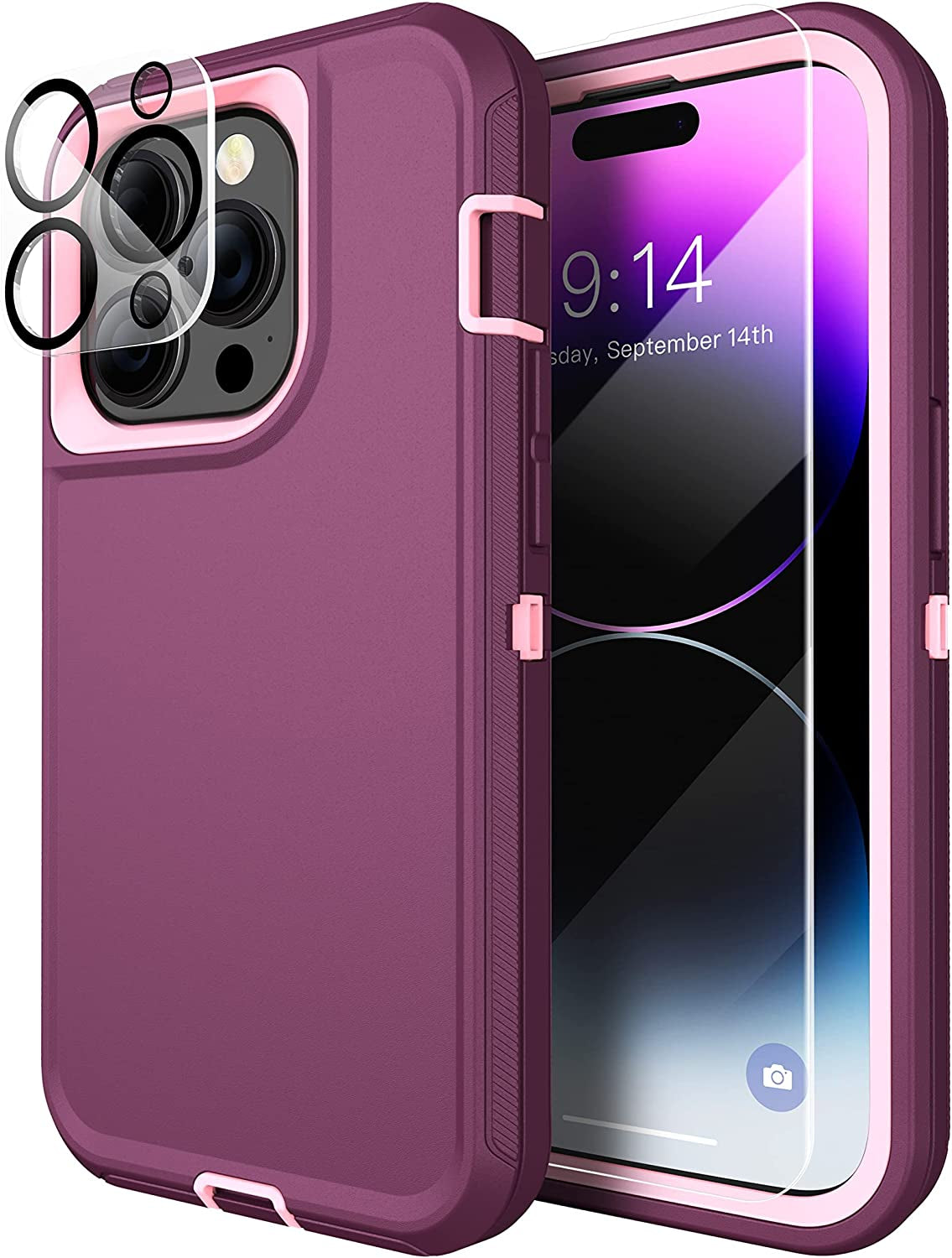 MXX Iphone 14 Pro Heavy Duty Case, 3-Layer Full Body Protection, Tempered Glass and Camera Lens Protector (Plum/Light Pink)  MXx Accessories LLC   