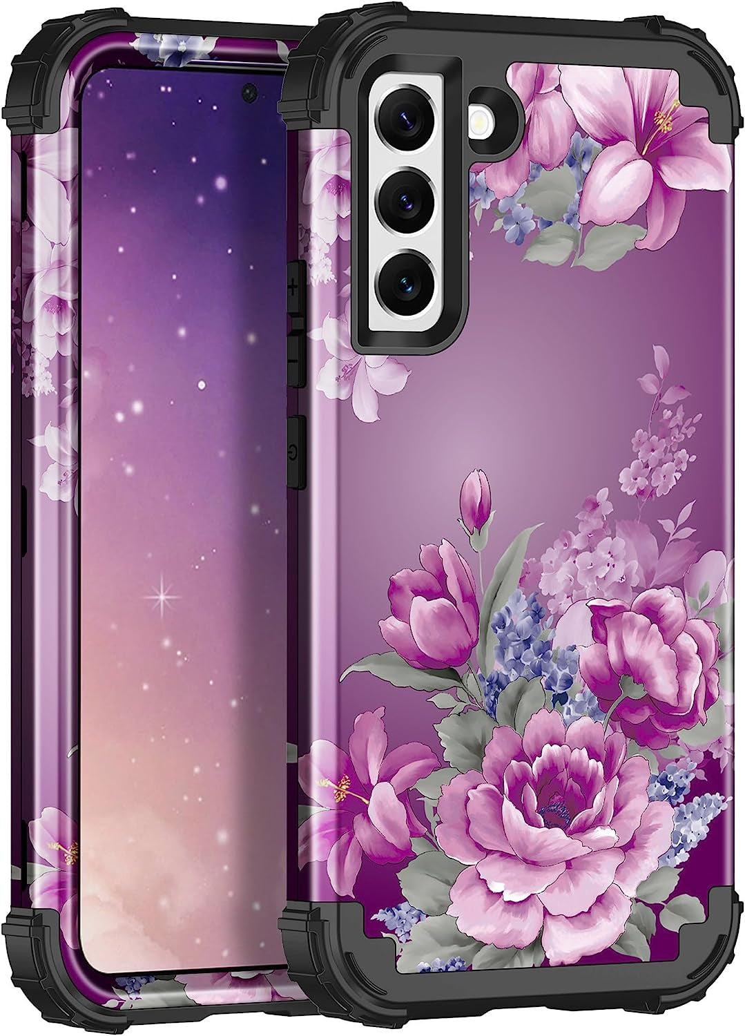 LONTECT for Galaxy S22 plus Case Shockproof 3 in 1Heavy Duty Rugged Hybrid Sturdy High Impact Durable Protective Cover Case for Samsung Galaxy S22 Plus/S22+ 5G 6.6 2022,Marble/Dark Purple  Lontect Purple Flower/Black  