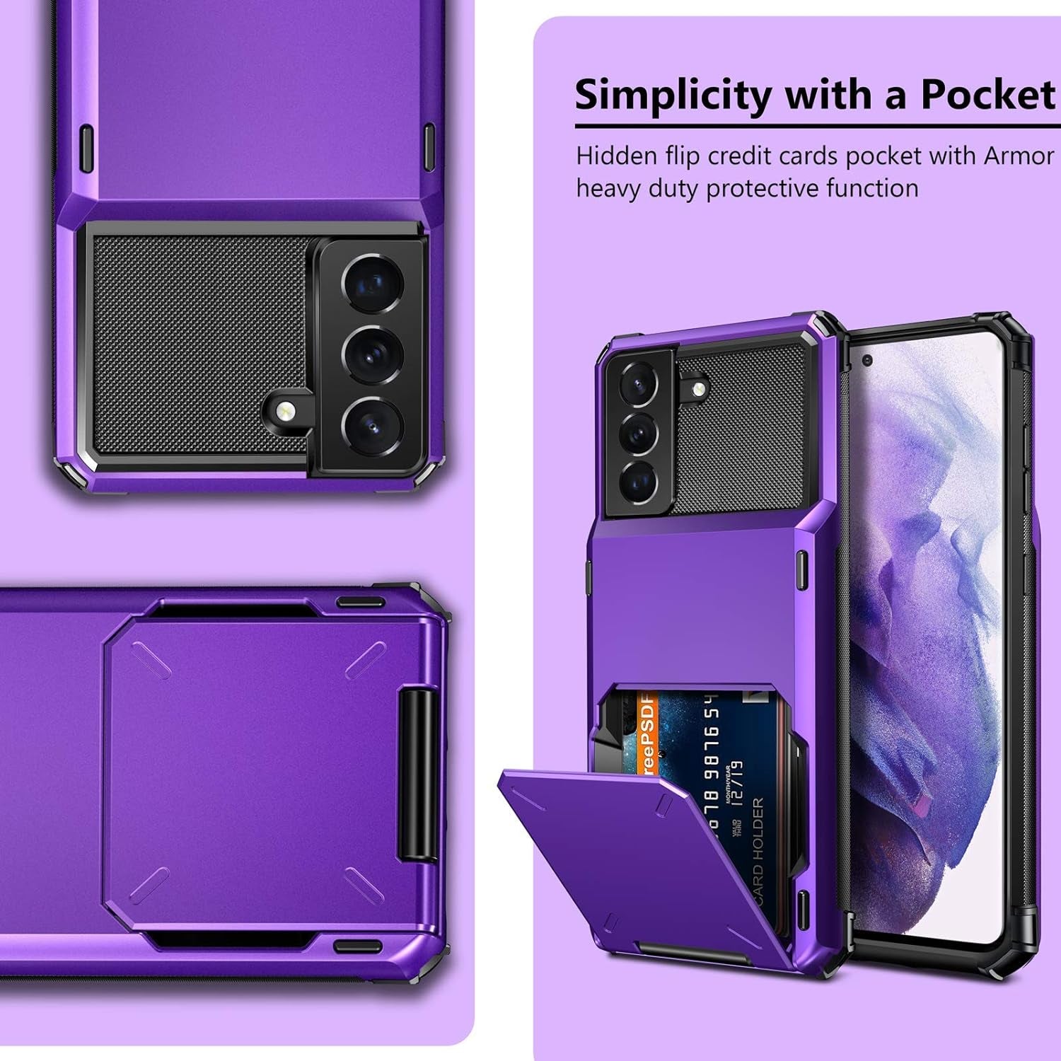 Vofolen for Galaxy S21 plus Case Wallet Credit Card Holder 4-Card Flip Cover ID Slot Back Hidden Pocket Dual Layer Protective Hybrid Hard Shell Bumper Armor Case for Samsung S21+ S21 plus 6.7 Purple  Vofolen   