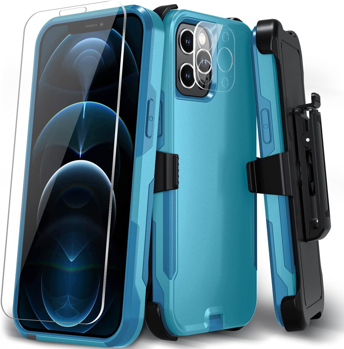 Xmon for Iphone 12 Pro Max Phone Case, [Shockproof] [Belt Clip Kickstand] [Tempered Glass Screen Protector with Camera Lens Protector] Heavy Duty Cover for Iphone 12 Pro Max 6.7 Inch (Blue)  Xmon Aqua  