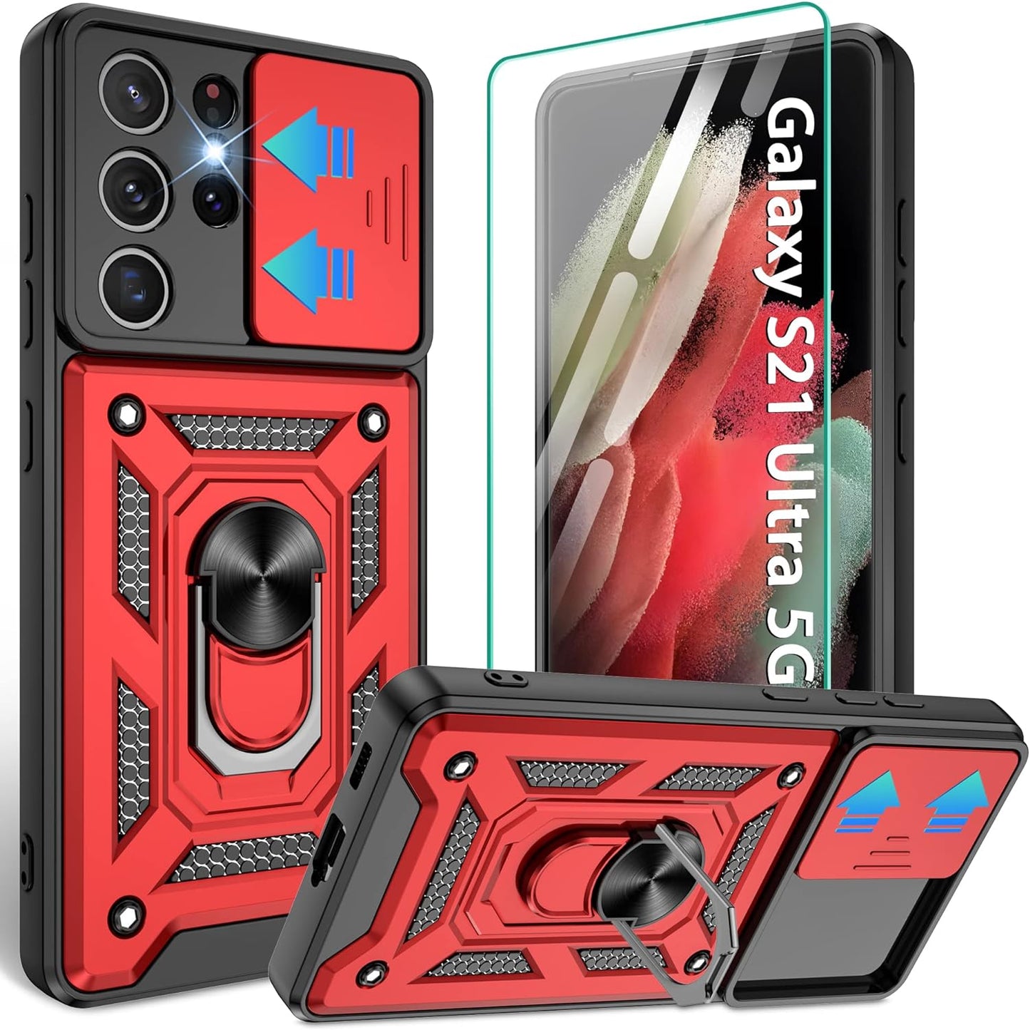 Compatible with Samsung Galaxy S21 Ultra Case,S21 Ultra Case with HD Screen Protector with Slide Camera Cover, 360°Rotation Ring Kickstand [Military Grade] Case for Galaxy S21 Ultra, Rose Gold  Gritup Red  