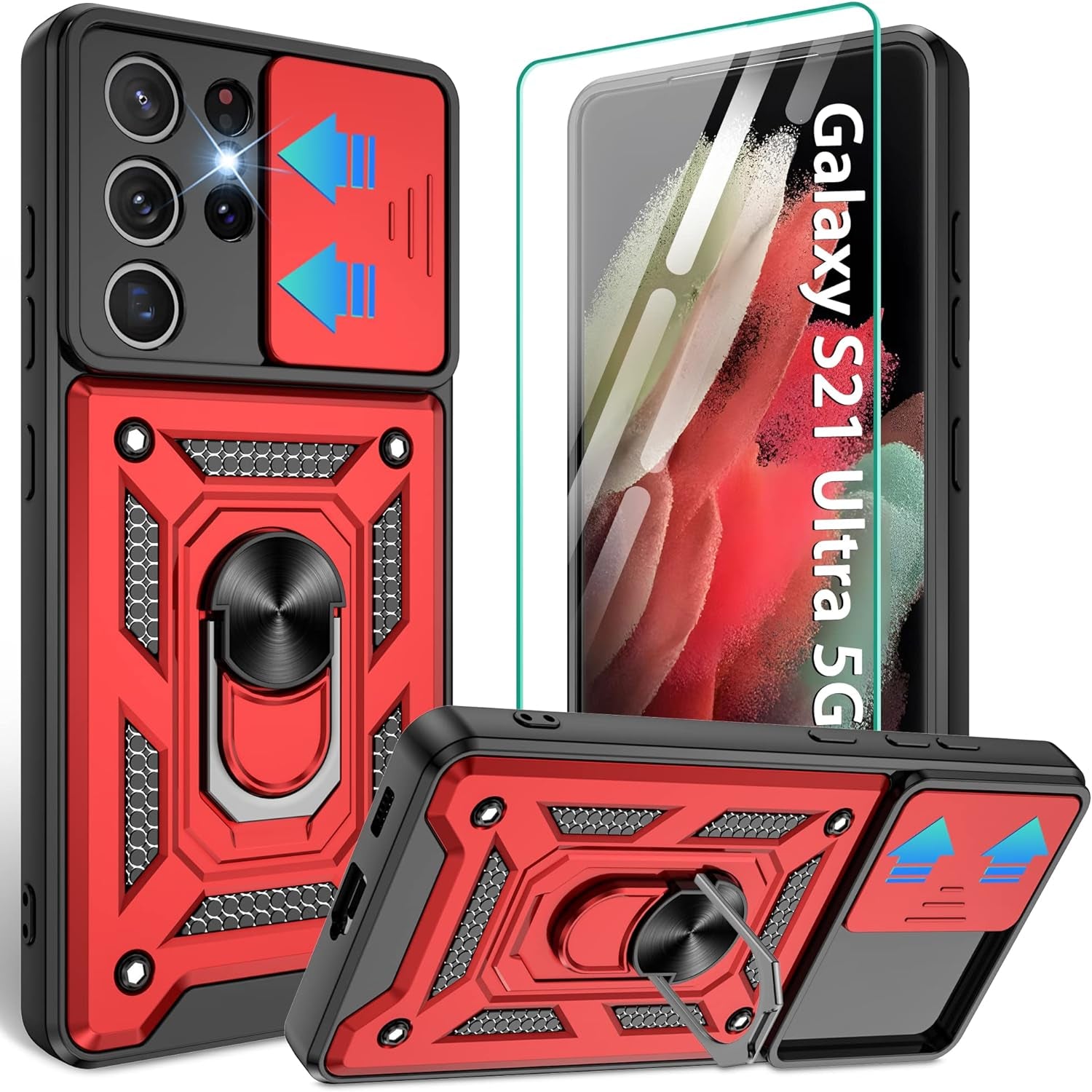 Compatible with Samsung Galaxy S21 Ultra Case,S21 Ultra Case with HD Screen Protector with Slide Camera Cover, 360°Rotation Ring Kickstand [Military Grade] Case for Galaxy S21 Ultra, Rose Gold  Gritup Red  