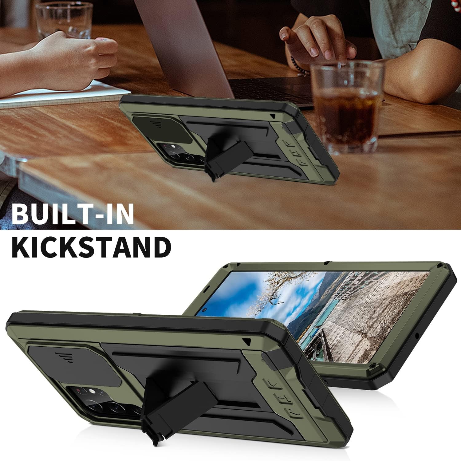 For Samsung Galaxy S22 Ultra 5G Case, Aluminum Metal Gorilla Glass Shockproof Military Heavy Duty Sturdy Protector Cover Hard Case,With Sliding Camera Cover and Built-In Foldable Kickstand(Green-Ⅱ)  MIYIYQP   