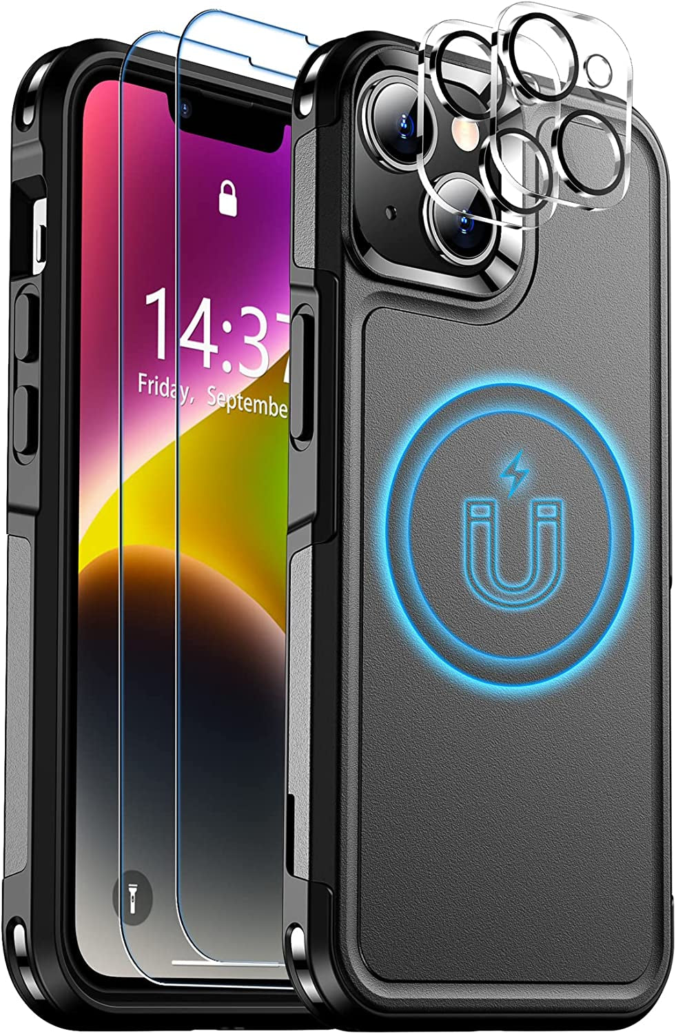 SPIDERCASE for Iphone 14 Case, [10 FT Military Grade Drop Protection][Non-Slip] [2+Tempered Glass Screen Protector][2+Tempered Camera Lens Protector] Heavy Duty Full-Body Shockproof Case, Black  SPIDERCASE Magnetic Black  