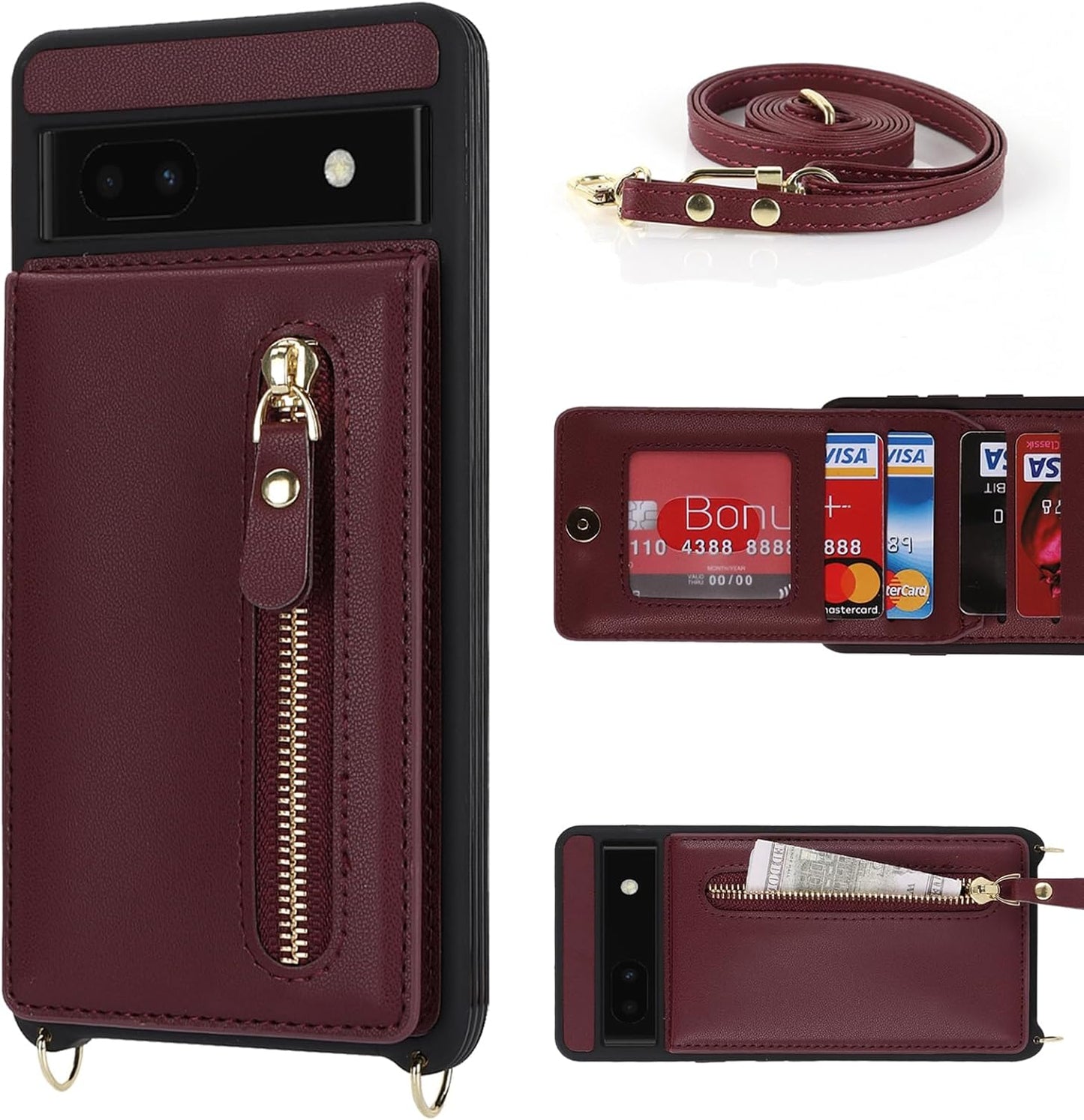 Jaorty Google Pixel 6A Case for Women with Card Holder 6.1" 5G 2022,Google Pixel 6A Phone Case with Strap,Crossbody Lanyard Cases with Credit Card Slots with Stand,Burgundy  Jaorty   