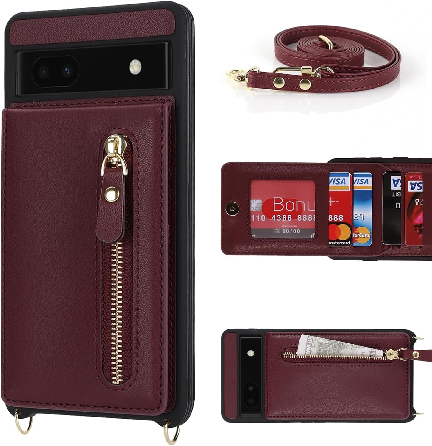Jaorty Google Pixel 6A Case for Women with Card Holder 6.1" 5G 2022,Google Pixel 6A Phone Case with Strap,Crossbody Lanyard Cases with Credit Card Slots with Stand,Burgundy  Jaorty   