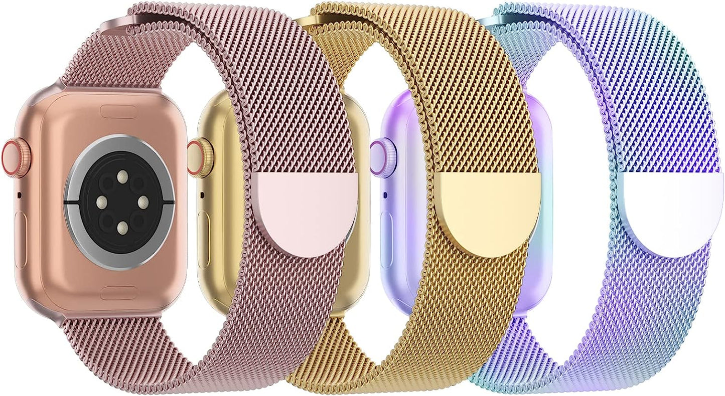 STEEZRD 3 Pack Mesh Metal Bands Compatible with Apple Watch Band 38Mm 40Mm 41Mm 42Mm 44Mm 45Mm 49Mm, Stainless Steel Magnetic Loop Strap Wristband for Iwatch Ultra Series 8/SE/7/6/5/4/3/2/1 Men Women  STEEZRD H-Rose Gold/Gold/Multicolour 42/44/45/49mm 