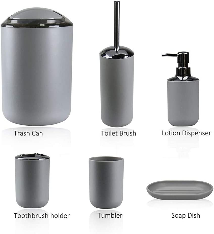 IMAVO Bathroom Accessories Set, 6-Piece Plastic Gift Set, Toothbrush Holder, Toothbrush Cup, Soap Dispenser, Soap Dish, Toilet Brush Holder, Trash Can (Grey)  IMAVO   
