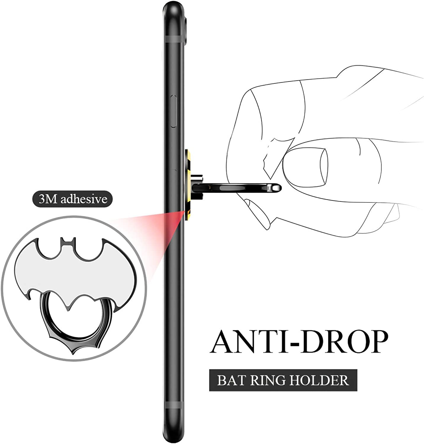 Bat Phone Ring Stand Holder - OATSBASF Cell Phone Ring Holder Finger Grip 360 Degree Rotation Compatible with Iphone 12/11 Pro Max/Se 2020 and Other Smartphones（Black+Gold）  OATSBASF   