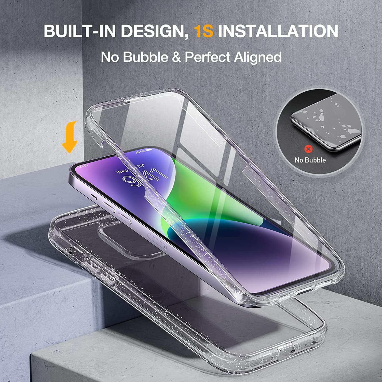 Miracase Glass Series Designed for Iphone 14 Case 6.1 Inch, 2023 Upgrade Full-Body Clear Bumper Case with Built-In 9H Tempered Glass Screen Protector and 2 Pcs Camera Lens Protector,Clear Glitter  Miracase   