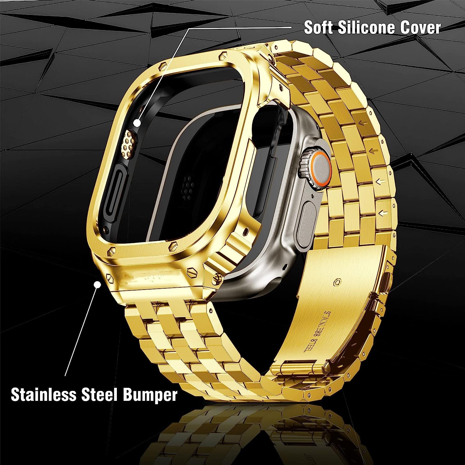 Amznew Apple Watch Bands Compatible for Iwatch Series Ultra (49Mm) 8/7(45Mm/41Mm), 6/5/4/Se(44Mm/40Mm) 3/2/1(42Mm/38Mm), Stainless Steel Iwatch Bands with Case and Protective Cover Men  Amznew   