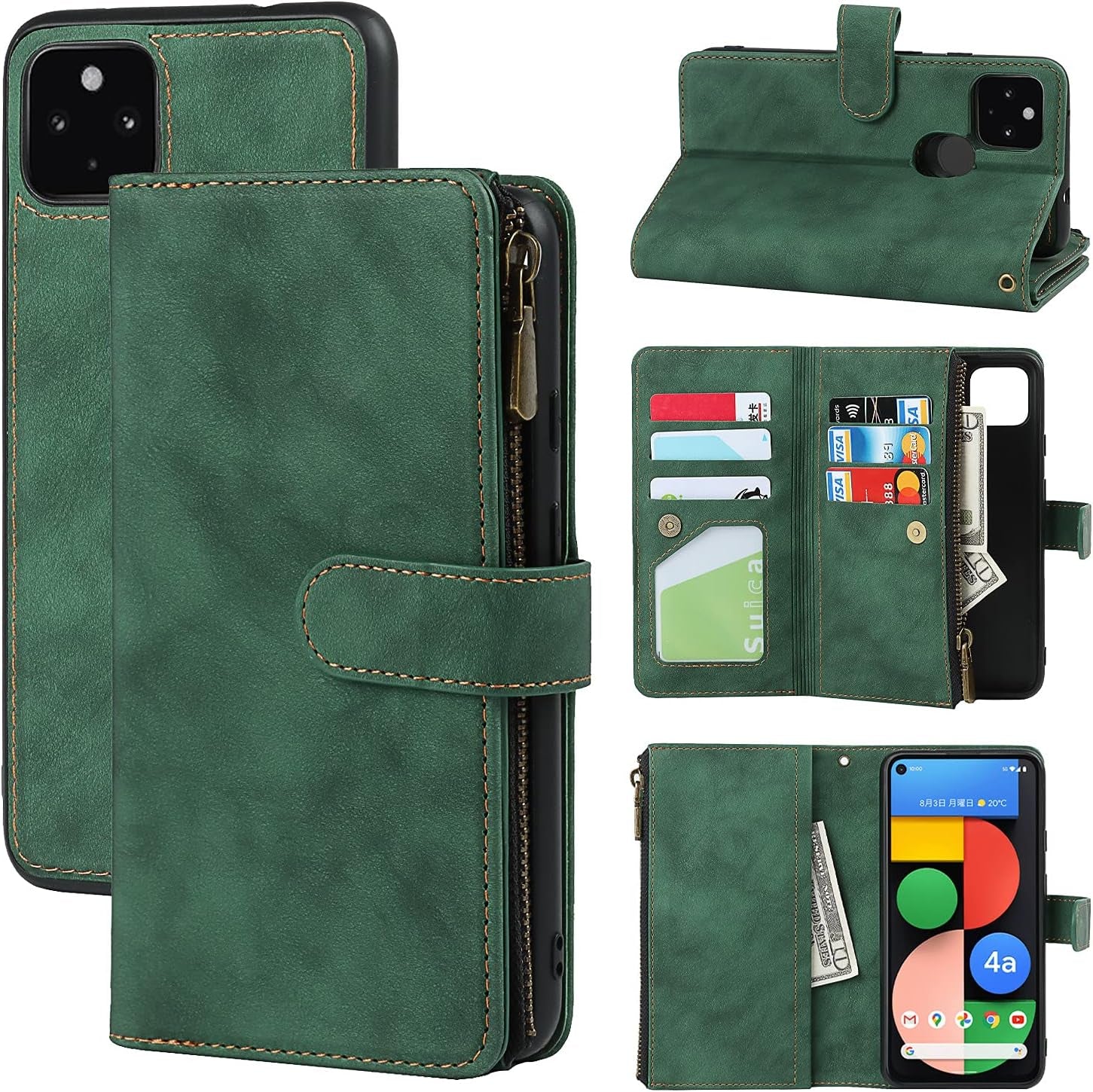 Sailortech Magnetic Detachable 2 in 1 Wallet Phone Case Design for Google Pixel 4A 5G with 6 Card Holder 1 Zipper Coin Wallet 1 Cash Slot Wrist Strap Kickstand for Women Men Wine Red  SAILOR 2 In 1-Green Google Pixel 4A 5G 