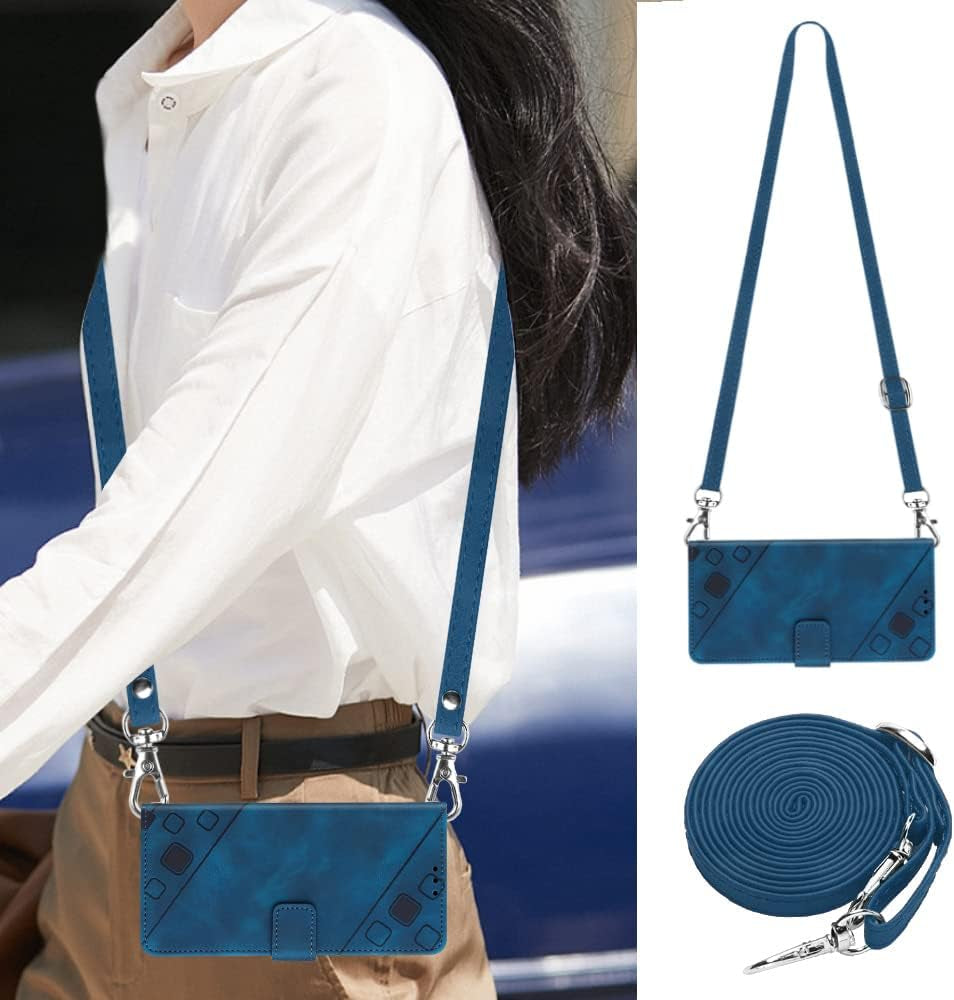 NVWA Compatible with Sony Xperia 1 V Case Wallet with Credit Card Slots Kickstand Wrist Strap and Long Lanyard Blue Leather Crossbody Protective Cover with Embossed Design  NVWA   